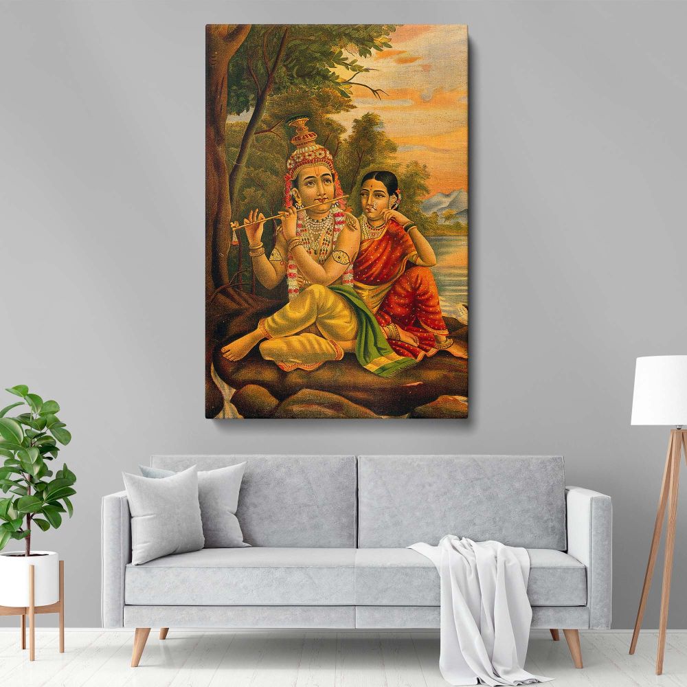 Vibrant Indian painting of Krishna serenading Radha with his flute by a tranquil riverbank, showcasing a peaceful and natural ambiance with intricate details and radiant colors, capturing their eternal bond in Hindu mythology.