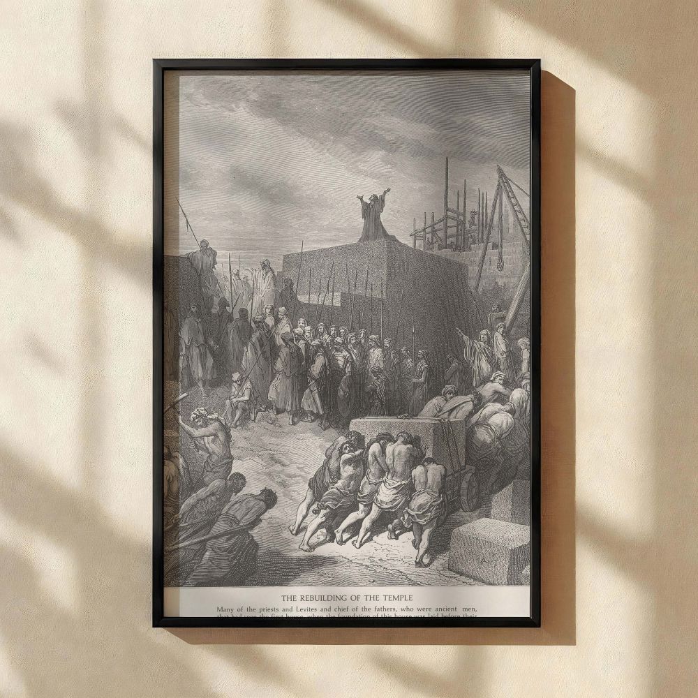 Gustave Dore's engraving, recreated as a canvas wall print, illustrates the powerful moment when ancient workers rebuild the temple under armed watch. The composition captures movement, unity, and divine purpose in crisp grayscale tones. Perfect for relig