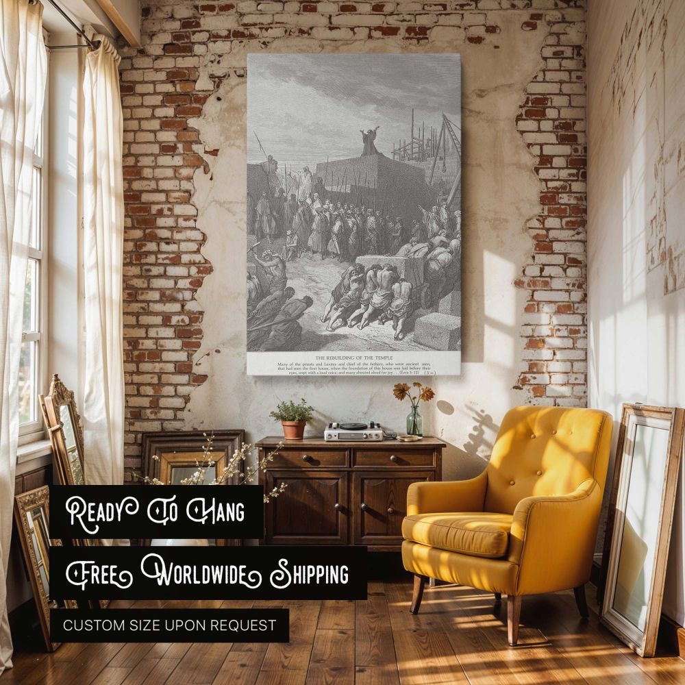 This wall canvas art showcases Gustave Dore's depiction of the temple's reconstruction, filled with activity, structure, and symbolism. Figures labor in unity as soldiers stand guard, embodying resilience and divine mission. Rendered in striking black and