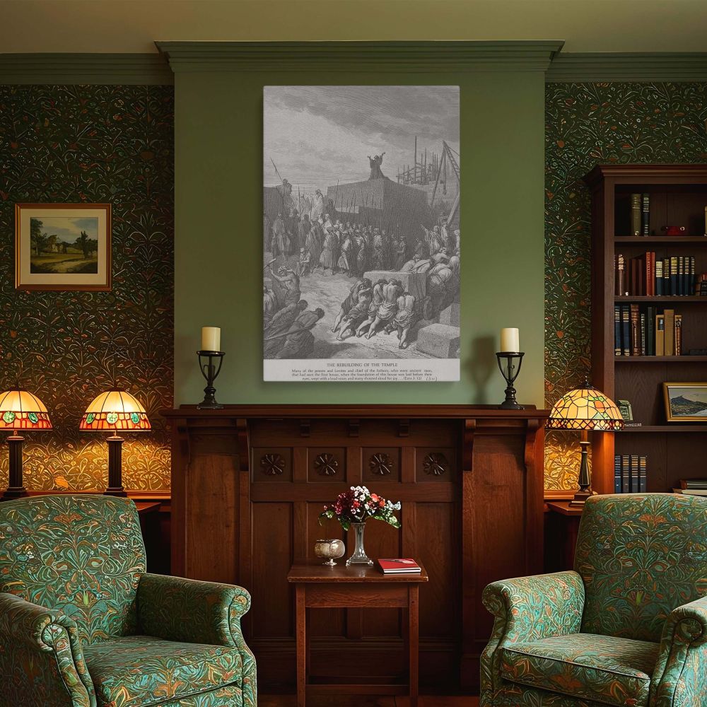 Featuring Gustave Dore's masterpiece of the rebuilding temple, this canvas art captures an intense scene of teamwork and supervision as figures push heavy stones. The contrast of light and shadow in monochrome gives the artwork dramatic depth. This piece 