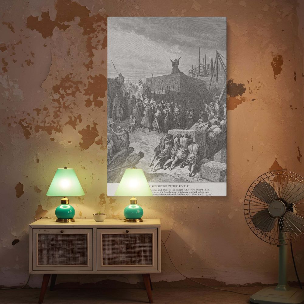 This grayscale canvas wall print brings Gustave Dore's biblical scene to life, where men are united in reconstructing the temple under watchful authority. The detail in every figure and stone adds a sense of strength, movement, and devotion. Perfect for r