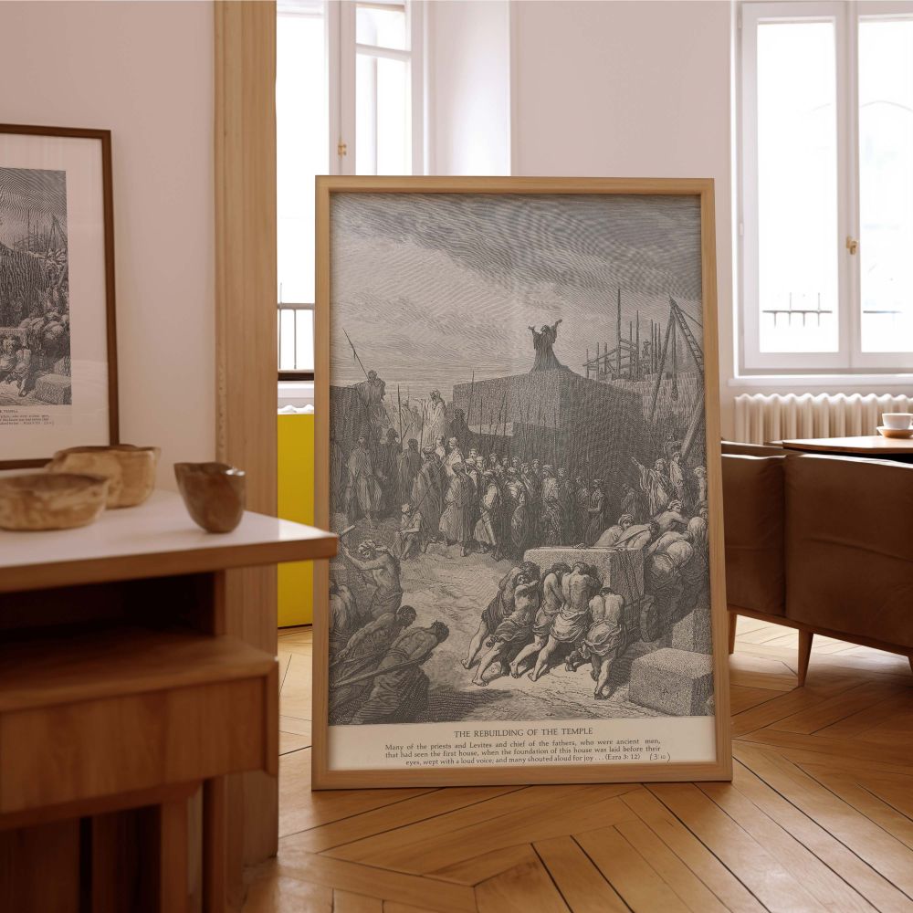 Dore's art is presented on wall canvas in this dramatic rendering of ancient temple rebuilding, combining soldiers, laborers, and a spiritual leader into one compelling composition. The use of monochrome tones enhances the timeless quality of the scene. P