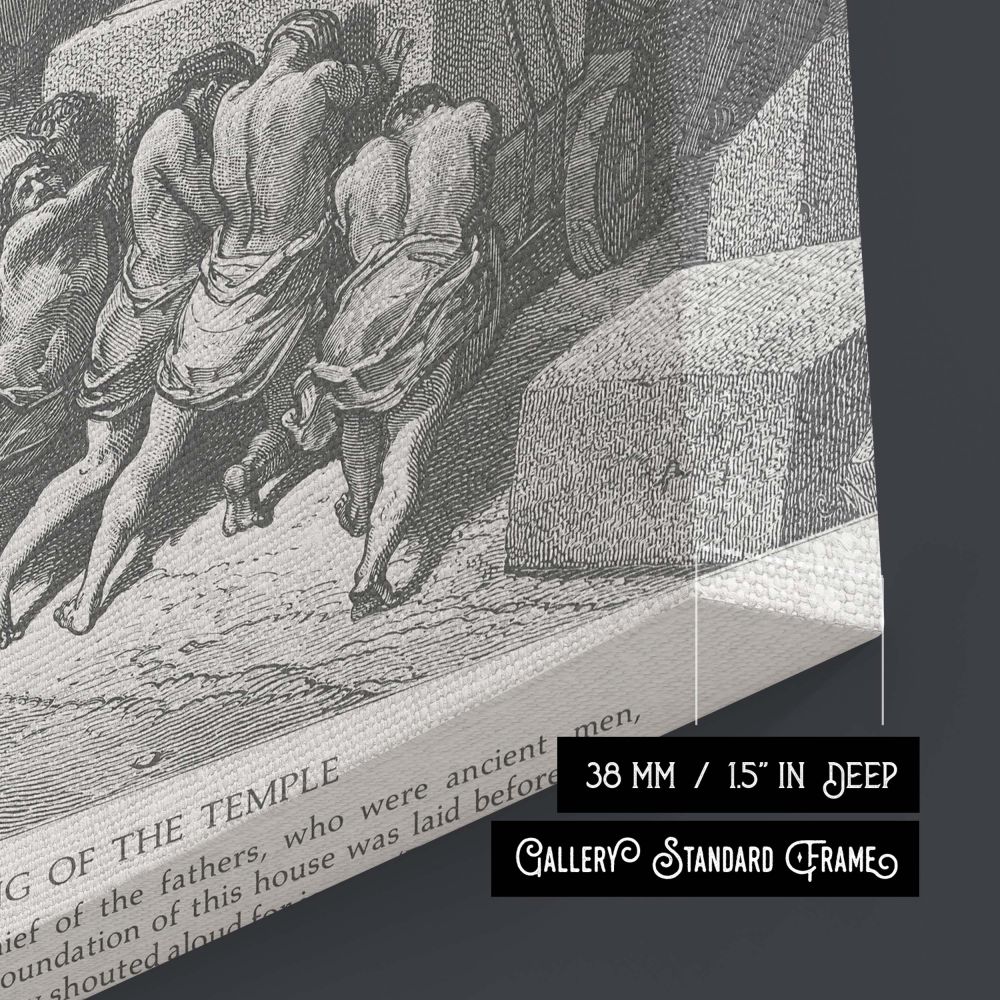This stunning wall canvas displays Gustave Dore's biblical engraving of the beginning of temple reconstruction. With muscular figures, spears, and scaffoldings all meticulously illustrated, the piece reflects order and faith-driven architecture. Rendered 