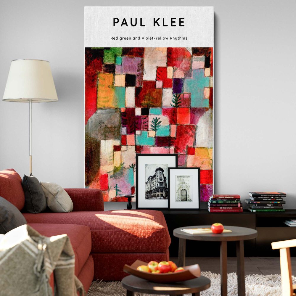 Paul Klee's Red Green and Violet-Yellow Rhythms framed canvas wall art, an abstract geometric painting from 1920 with bold colors and rhythmic patterns, a high-quality print perfect for modern home, office, or studio interior decor.