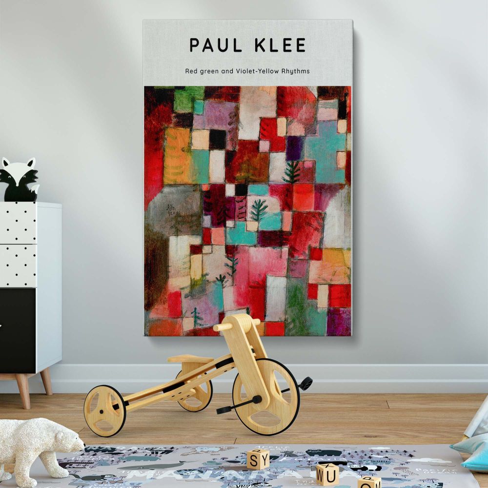 Framed canvas print of Paul Klee's Red Green and Violet-Yellow Rhythms, featuring a mix of vibrant red, green, violet, and yellow hues in a cubist abstract style, a bold and expressive art piece for creative and contemporary interiors.