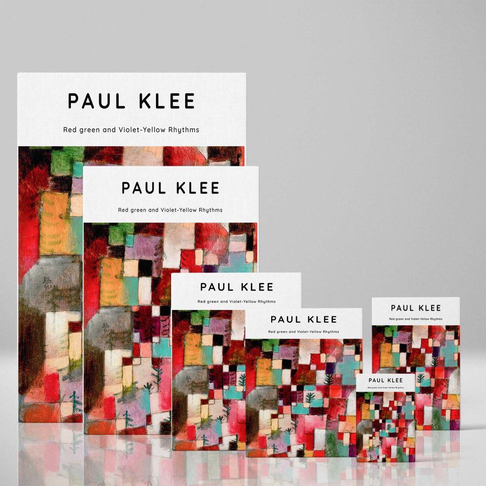 Paul Klee's iconic abstract painting, Red Green and Violet-Yellow Rhythms, professionally framed on museum-quality canvas, a dynamic composition of colorful blocks and patterns, ideal for contemporary living rooms, offices, or studios.