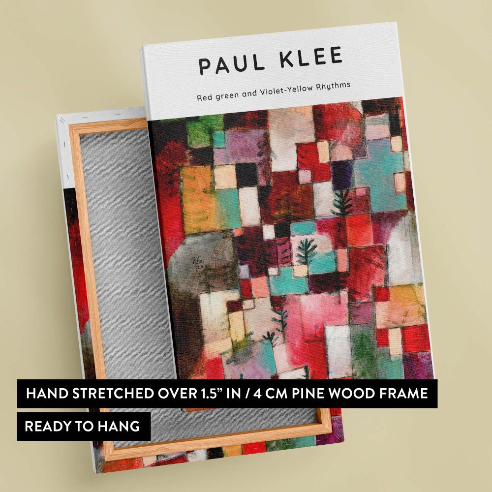High-quality framed canvas wall art of Paul Klee's Red Green and Violet-Yellow Rhythms, a striking 1920 geometric painting with warm and cool color contrasts, bringing artistic sophistication to contemporary interiors and creative spaces.