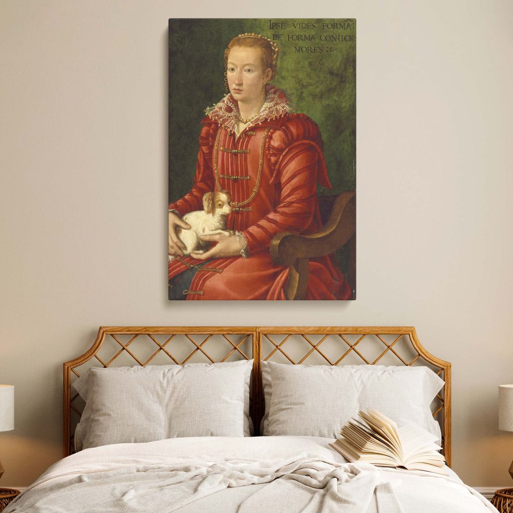 Renaissance woman portrait canvas print featuring a noblewoman in a red gown with gold details holding a lap dog, inspired by Florentine art, a historical fine art reproduction for home, office, or gallery wall decor with a classic aesthetic.