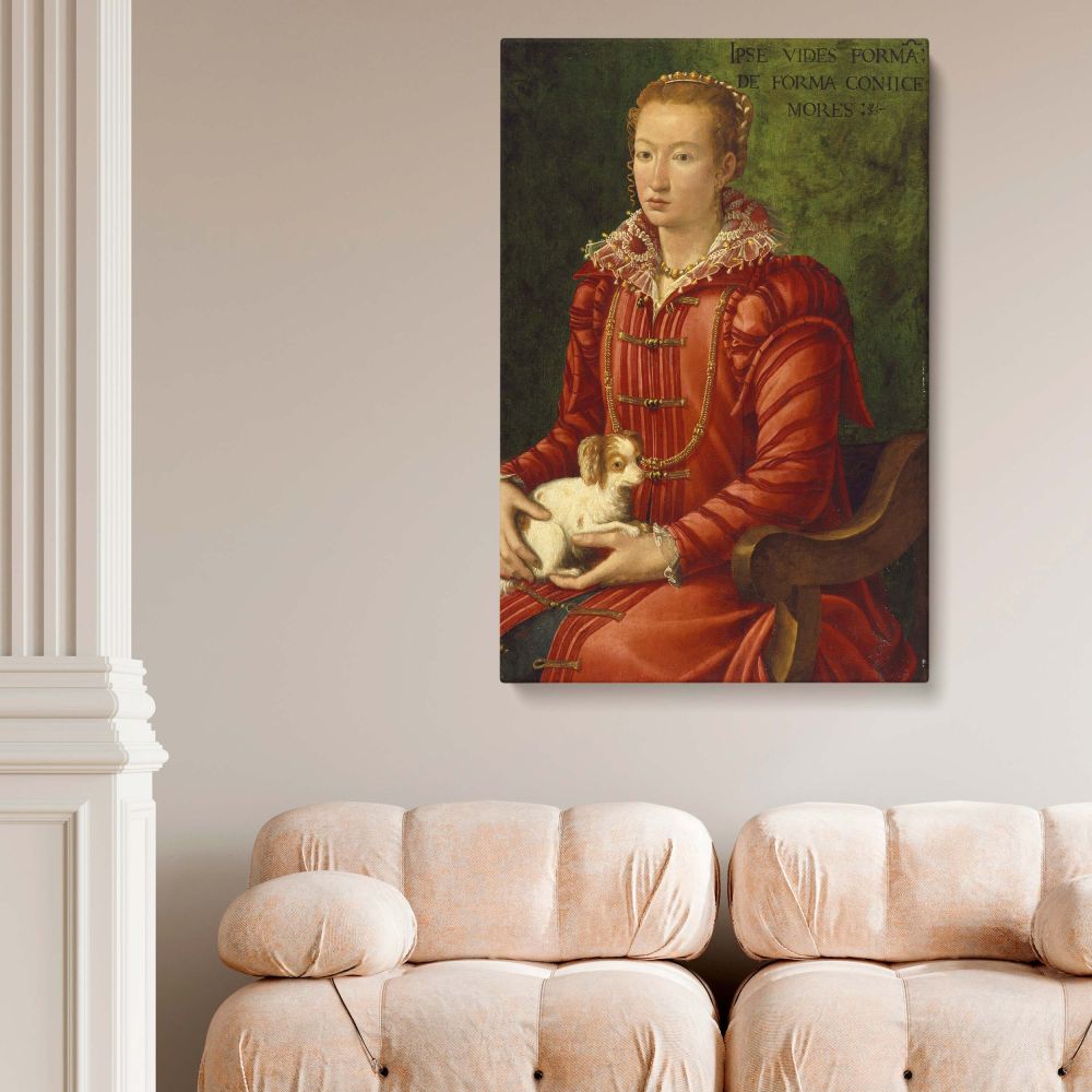 Woman with a Lap Dog painting, a stunning Renaissance masterpiece from 1575-1600, depicting a noblewoman in red with intricate jewelry, reproduced as a canvas wall art print for elegant home decor and collectors of historical fine artwork.