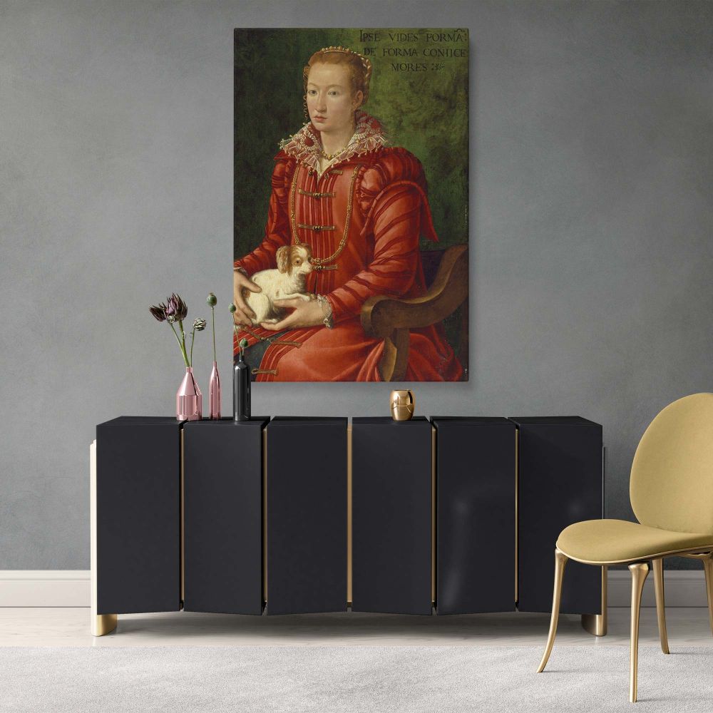 Florentine Renaissance artwork of a noblewoman with a lap dog, a timeless fine art canvas print reproduction, capturing the essence of 16th-century portraiture, perfect for art enthusiasts, historical decor, and museum-inspired interior design.