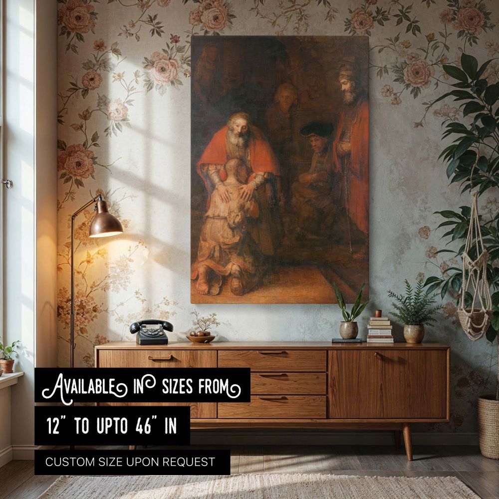 Canvas wall print of Rembrandt's The Return of the Prodigal Son showing a humble son kneeling before his father in forgiveness while warm red and golden brown light fills the scene, surrounded by other silent figures. The father's hands rest gently on the