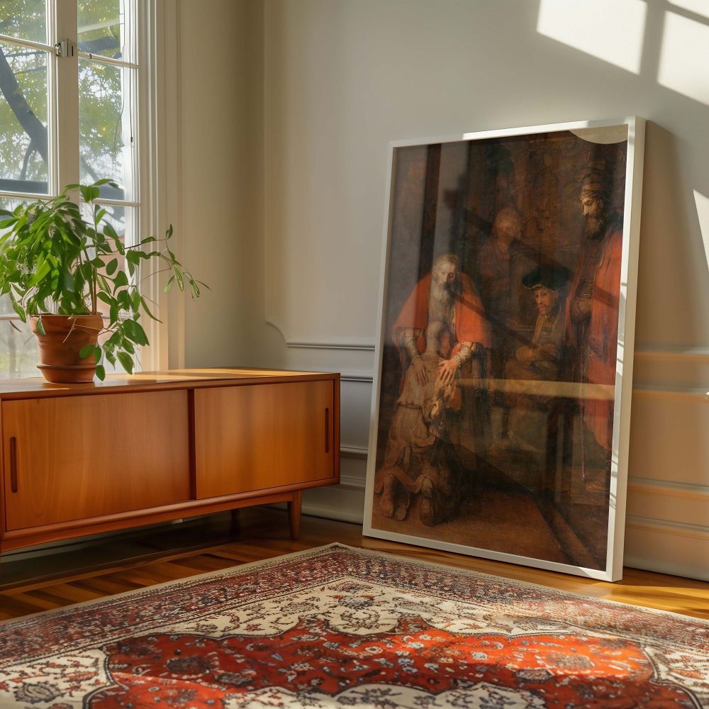A canvas wall print of Rembrandt's The Return of the Prodigal Son portraying a heartfelt reunion between father and son as the latter kneels in sorrow and remorse. Warm lighting, red-brown robes, and watching figures add gravity and sacred stillness to th