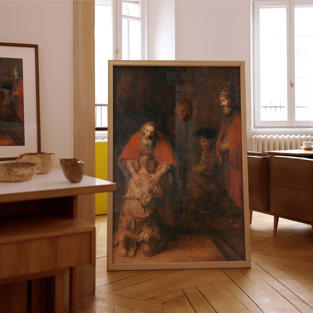 The Return of the Prodigal Son shown as a canvas wall print captures a quiet moment of reunion with soft lighting and Baroque tones of red and brown. The father's open arms and the son's bowed head create a focal point of love and repentance, while bystan