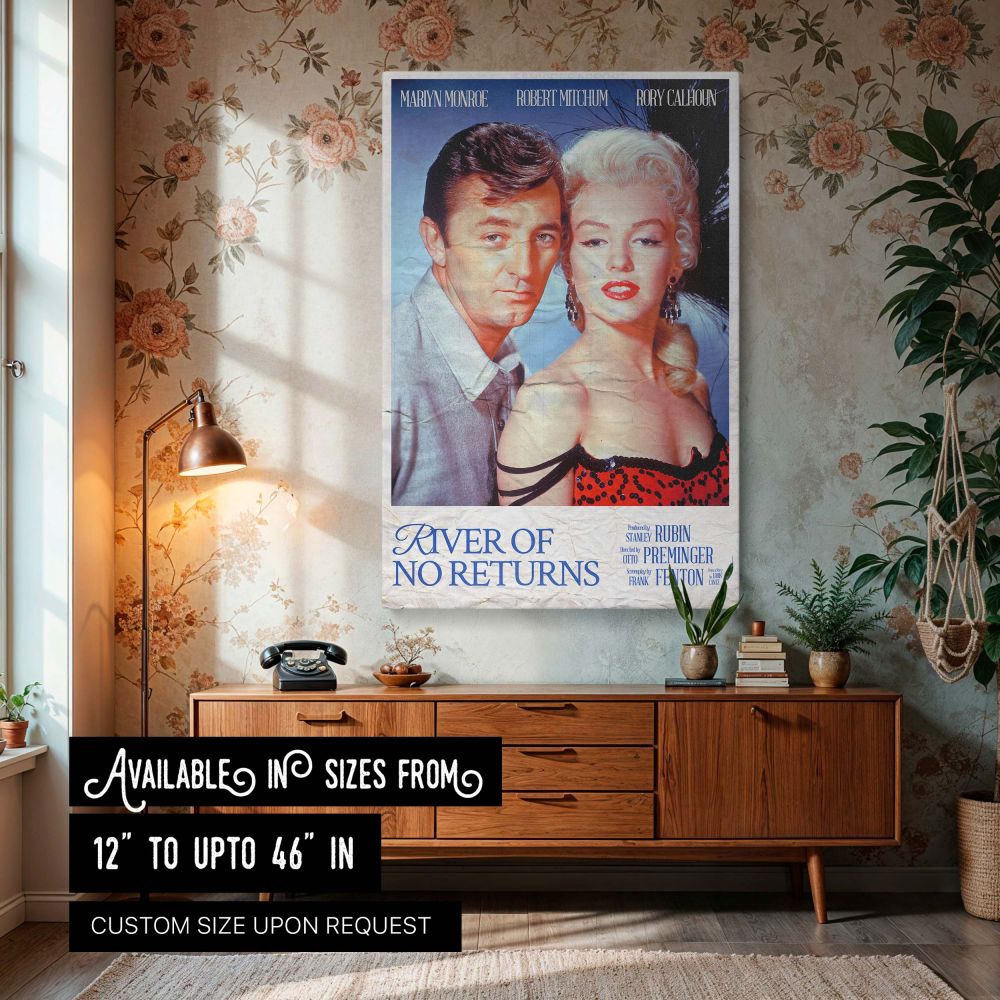 Marilyn Monroe canvas wall art featuring the River of No Return movie poster with Robert Mitchum perfect for vintage film lovers and fans of classic Hollywood decor who appreciate glamorous glamour photo prints and iconic actress artwork.