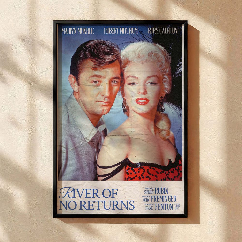 River of No Return movie poster canvas print starring Marilyn Monroe and Robert Mitchum displayed in sharp detail perfect for vintage Hollywood wall art collectors and fans of glamour photo prints and retro film memorabilia.