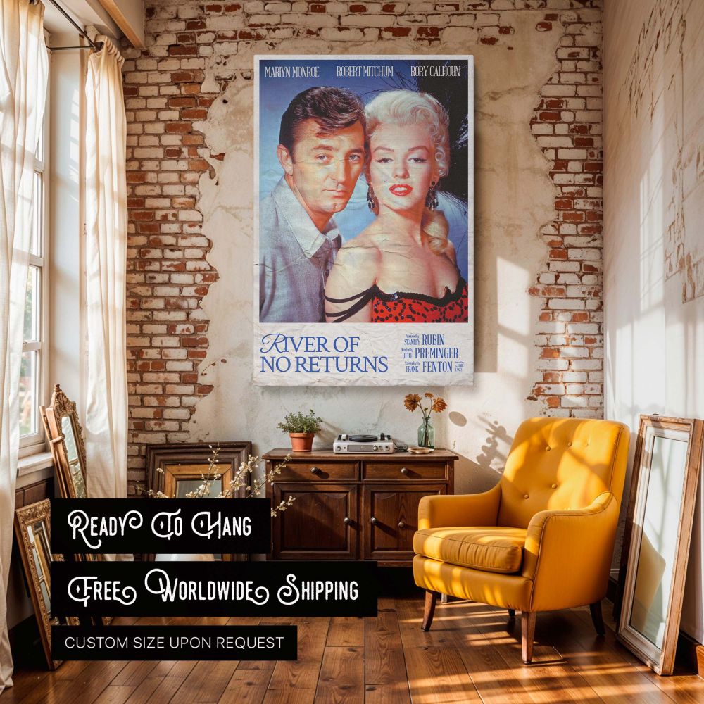 Marilyn Monroe and Robert Mitchum featured in a high-quality River of No Return canvas wall art print ideal for classic film enthusiasts and those who love vintage movie decor and timeless glamour from old Hollywood cinema.