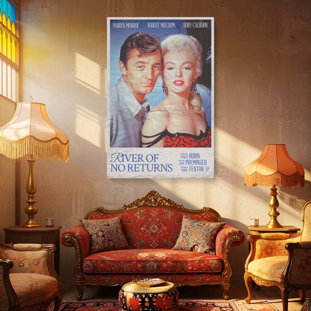 Vintage film poster of River of No Return printed on durable canvas with Marilyn Monroe and Robert Mitchum captured in stunning detail perfect for home theater walls and classic film art lovers who admire 1950s movie legends.