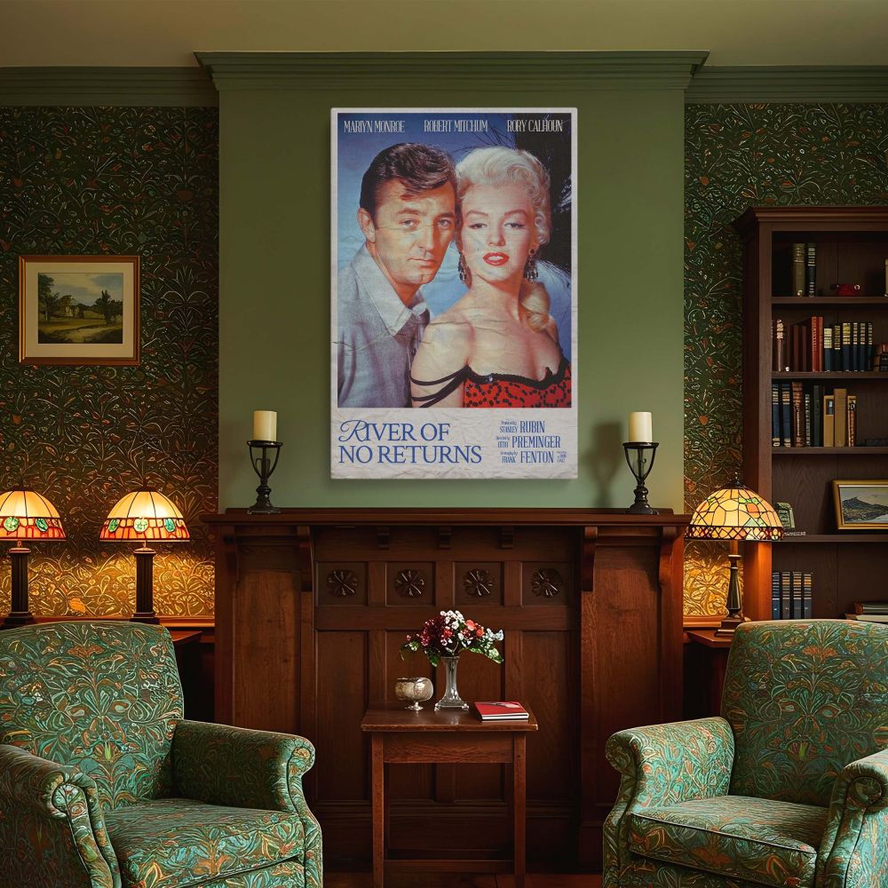 Glamorous Marilyn Monroe and Robert Mitchum captured on canvas wall art from River of No Return movie poster design great for fans of vintage film style glamour photo prints and old Hollywood memorabilia collectors.