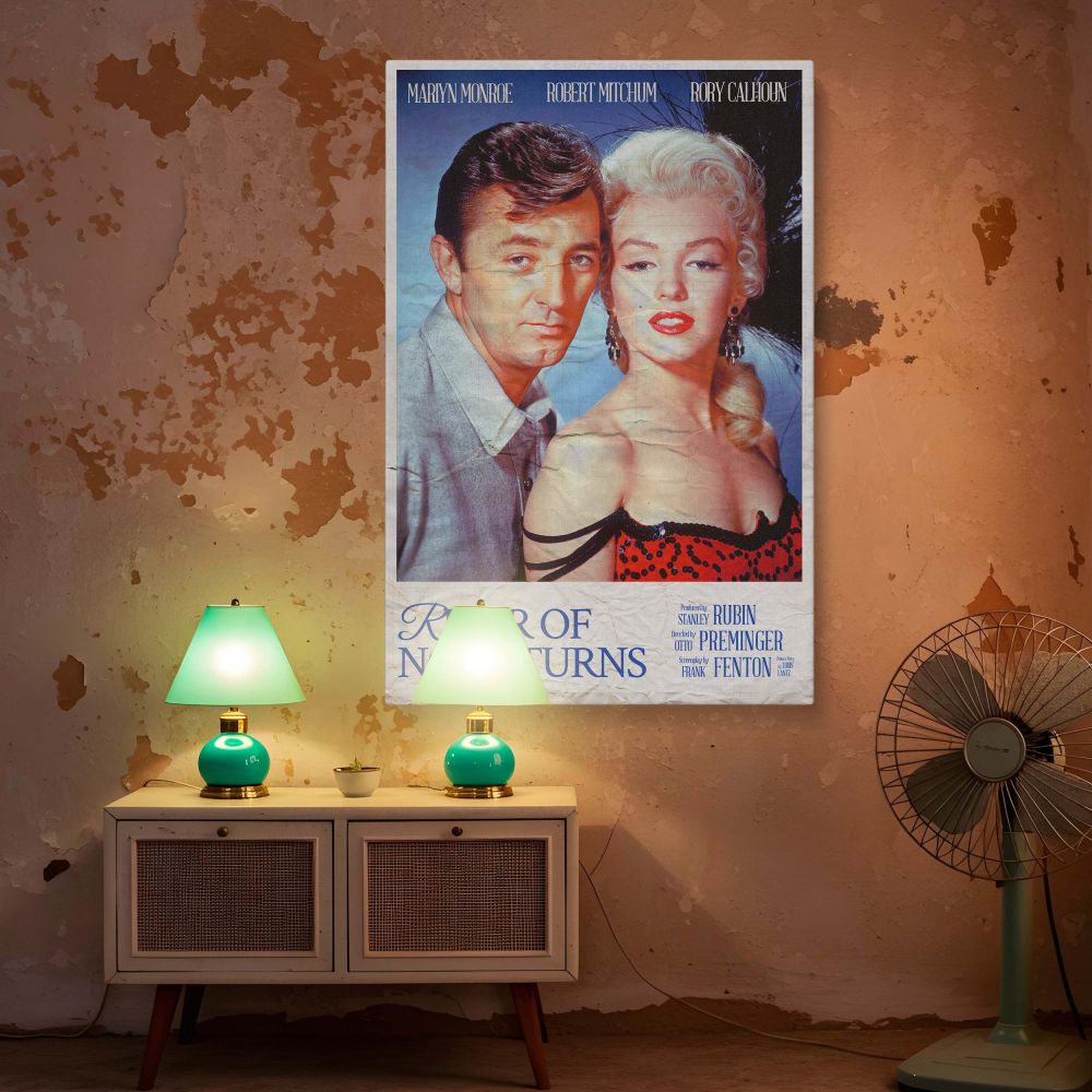 River of No Return canvas print featuring Marilyn Monroe in red dress and Robert Mitchum in soft tones designed for vintage film art decor and glamour photo print collectors who love iconic 1950s movie stars and timeless wall art.