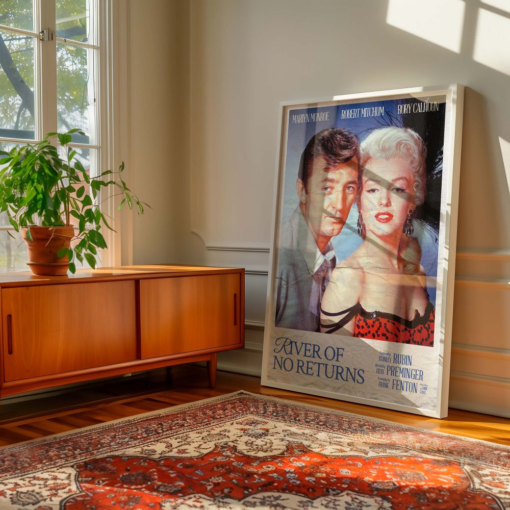 Canvas wall art of Marilyn Monroe in River of No Return alongside Robert Mitchum great for fans of vintage movie posters glamour photo prints and classic Hollywood decor pieces that bring nostalgia and elegance to your space.