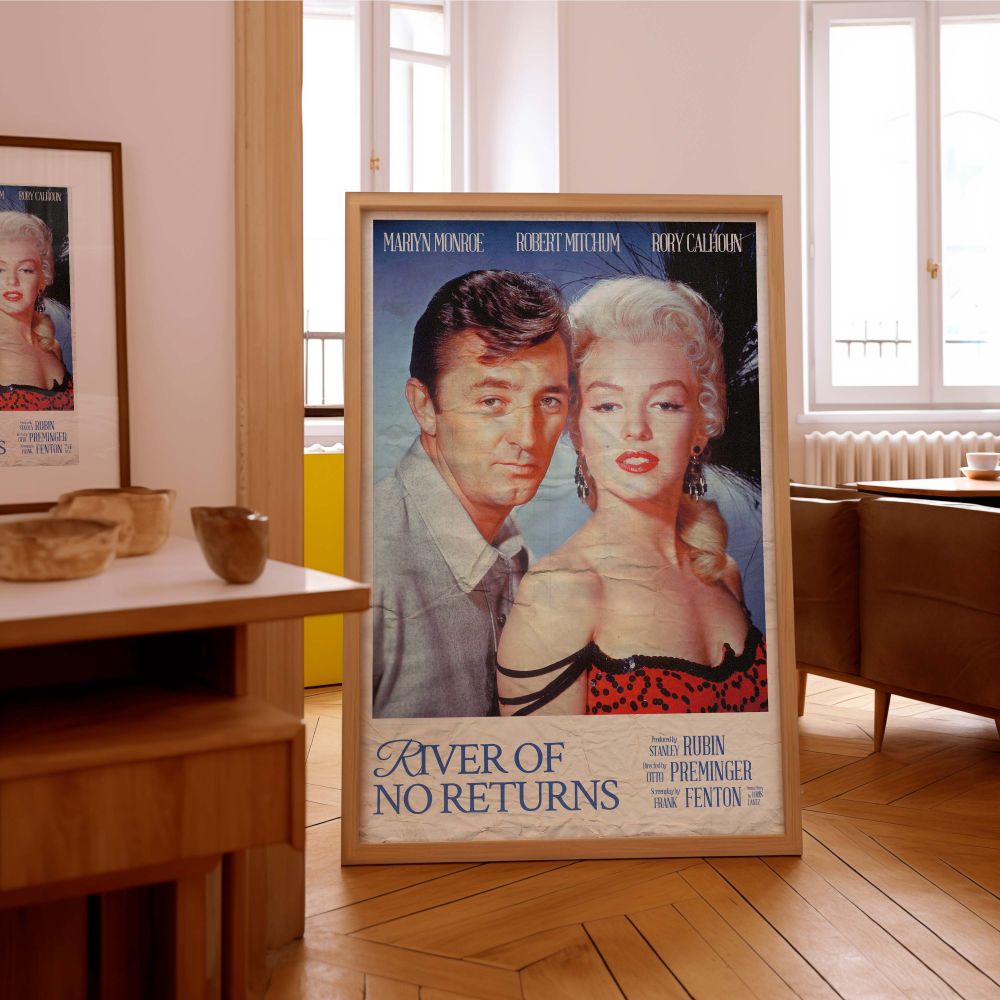 Marilyn Monroe movie poster from River of No Return turned into a canvas wall art print ideal for home decor inspired by classic Hollywood and film history showcasing vintage glamour and iconic photo print appeal.