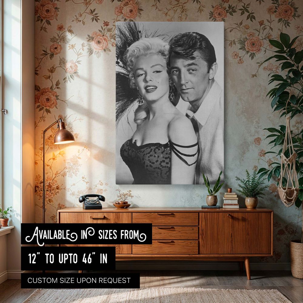 Marilyn Monroe canvas wall art featuring a black and white photo from River of No Return with Robert Mitchum showing vintage Hollywood style and glamour perfect for classic film fans and retro movie art collectors seeking iconic celebrity photo prints.