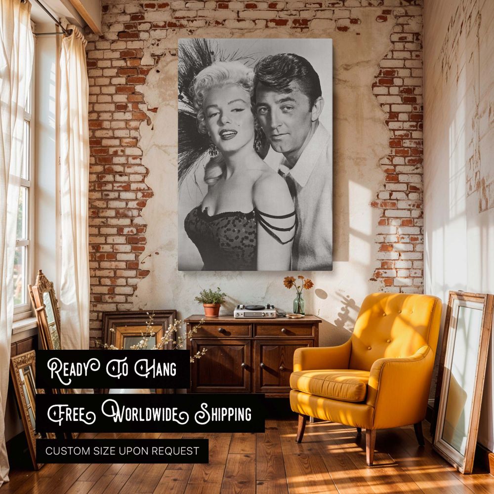 Classic Marilyn Monroe wall art from River of No Return with Robert Mitchum showcasing old Hollywood glamour ideal for film lovers seeking retro movie prints and vintage celebrity canvas decor featuring legendary actors.