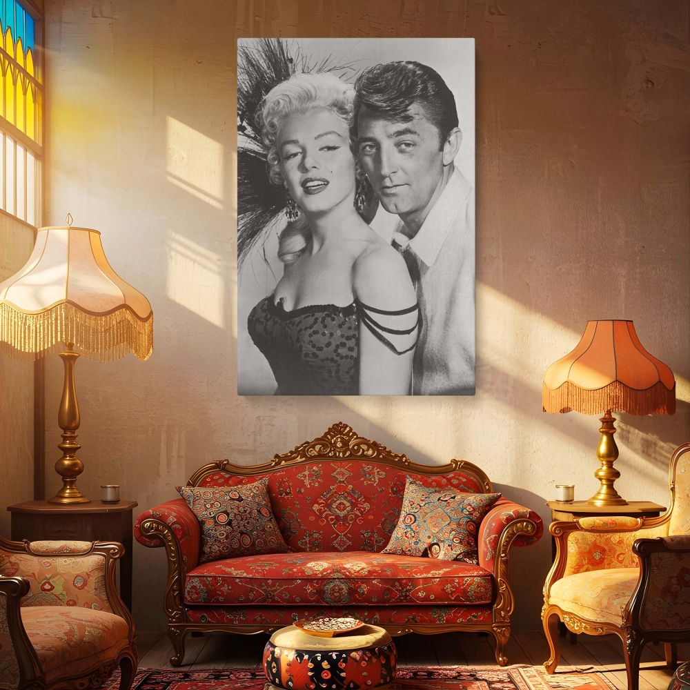 Striking canvas wall print of Marilyn Monroe and Robert Mitchum in black and white from River of No Return great for fans of vintage cinema and iconic photography celebrating timeless Hollywood artistry and film heritage.