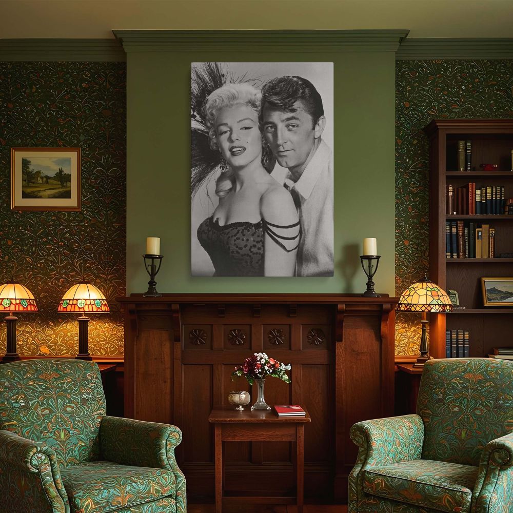 River of No Return vintage canvas print with Marilyn Monroe and Robert Mitchum posed in dramatic glamour perfect for classic film buffs and fans of 1950s cinema seeking elegant wall art and celebrity photography decor.