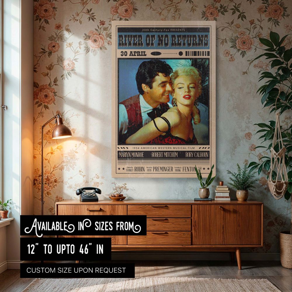 Vintage movie poster featuring Marilyn Monroe and Rory Calhoun from River of No Return with bold retro colors and classic Hollywood glamour perfect for film art collectors and Marilyn Monroe wall decor enthusiasts who appreciate timeless cinematic charm a