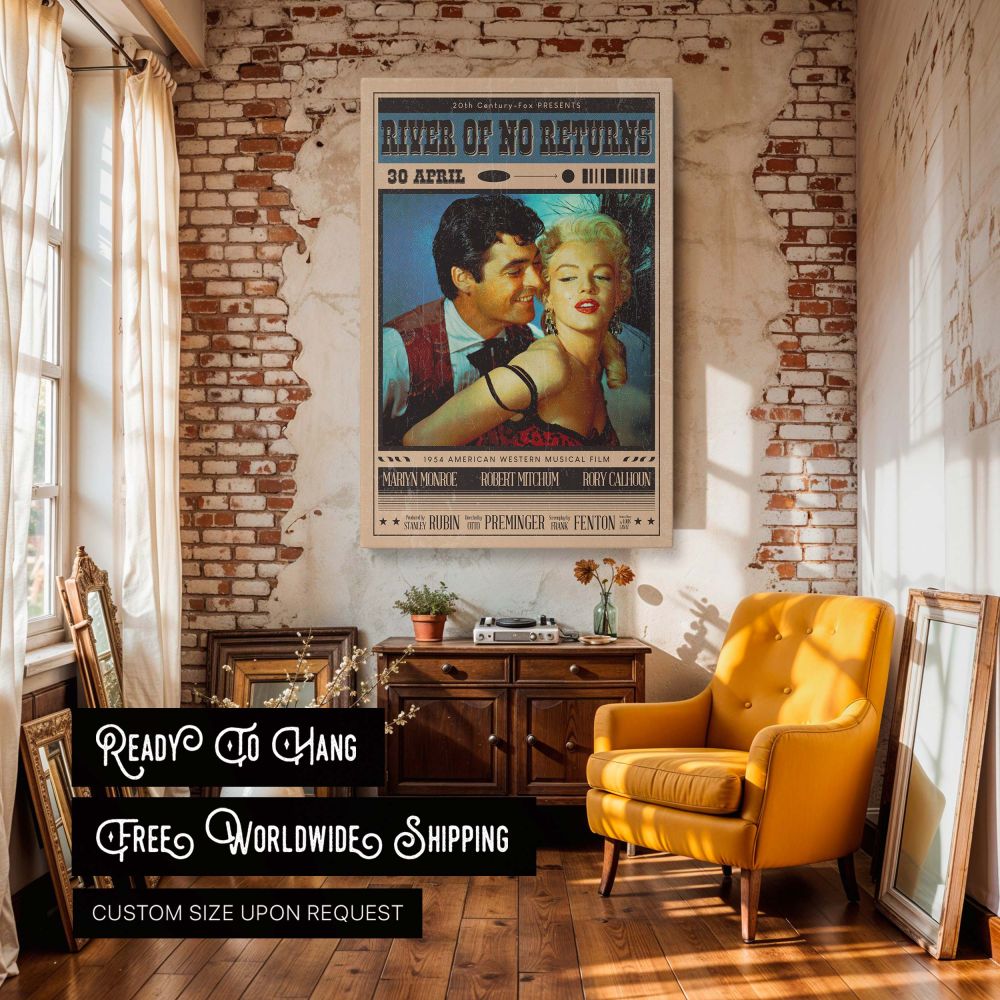 Retro-style Marilyn Monroe art print taken from the film River of No Return includes rich colors and poster text layout suited for vintage wall art lovers seeking glamorous 1950s Hollywood style as a centerpiece in their decor collection or themed room.