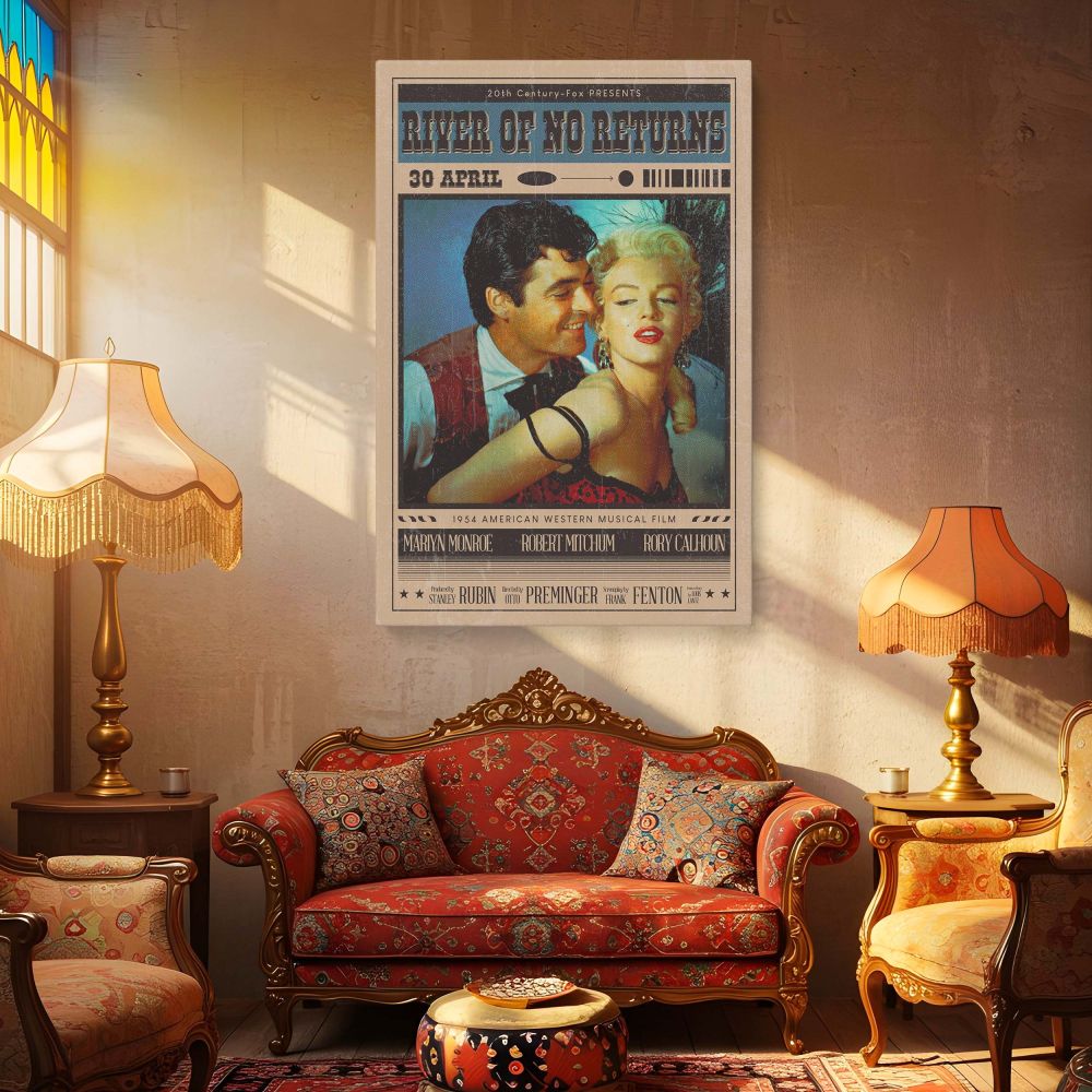 High-resolution artwork print of Marilyn Monroe and Rory Calhoun from River of No Return showcasing timeless film style for vintage movie lovers and Monroe fans who want retro-inspired wall decor in classic Americana style for home or office settings.
