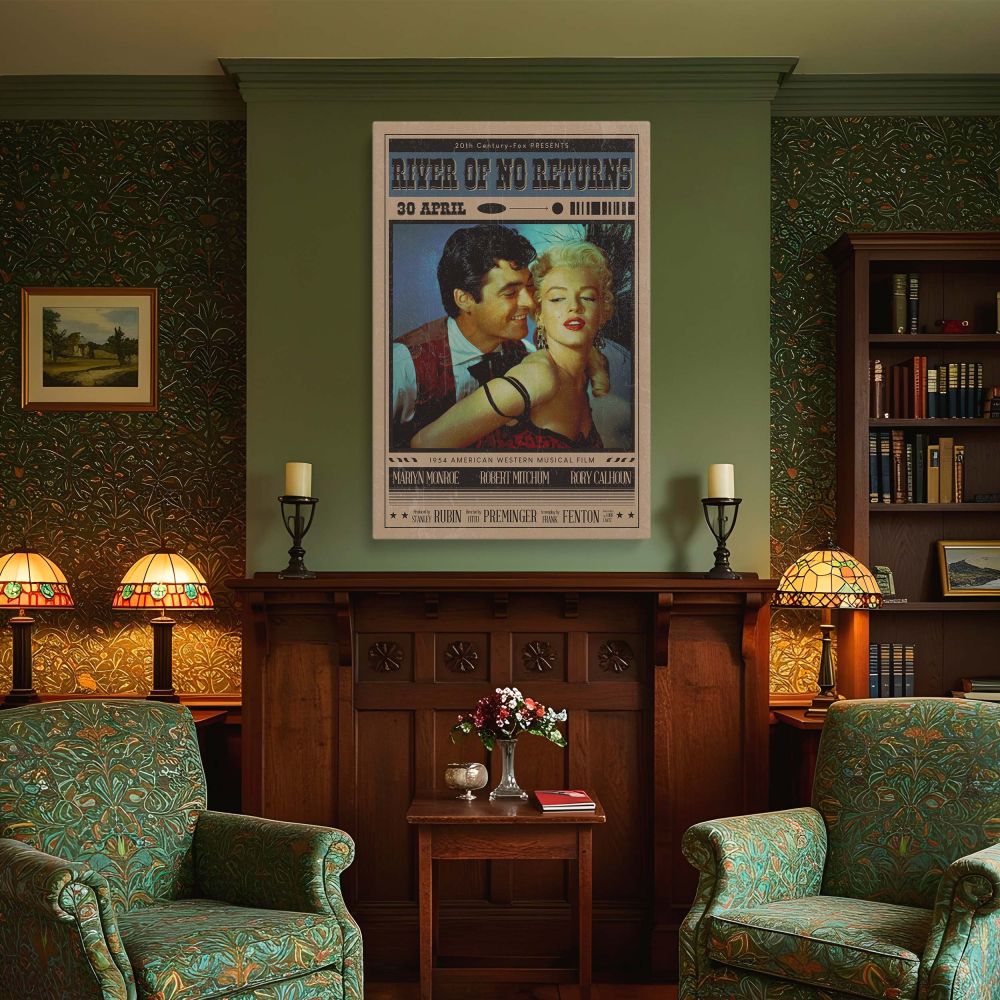Classic Hollywood wall art featuring Marilyn Monroe in a glamorous red outfit with Rory Calhoun from River of No Return evokes the mid-century movie poster vibe making it a beautiful Marilyn Monroe collectible gift or stylish vintage movie print for home.