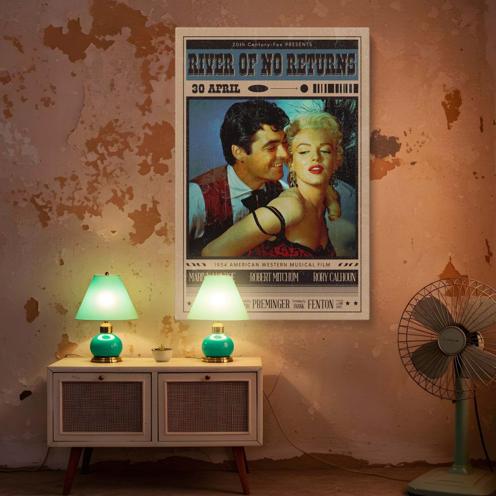 Nostalgic film poster of Marilyn Monroe starring in River of No Return beside co-star Rory Calhoun in iconic 1950s attire ideal for classic cinema fans and lovers of Monroe artwork who enjoy unique prints with emotional expression and film history.