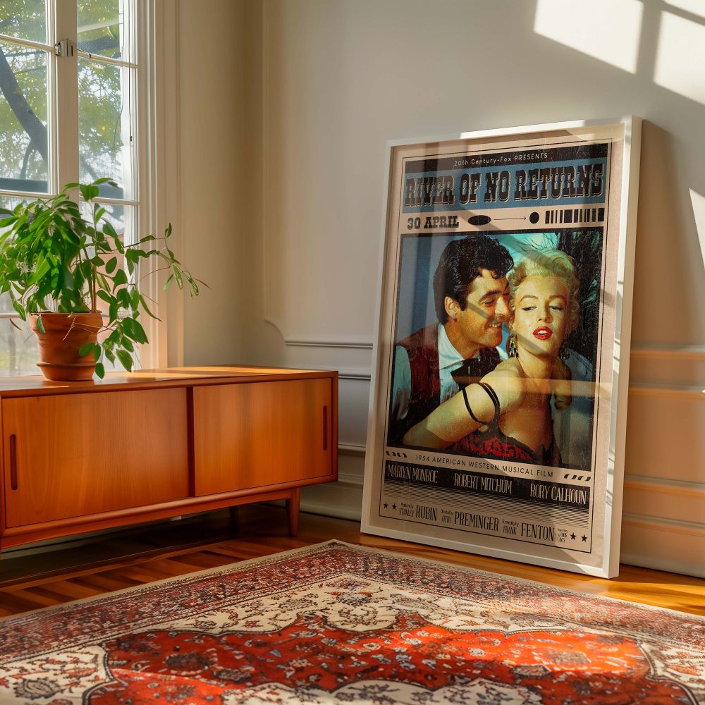 Movie-themed vintage art print highlighting Marilyn Monroe and Rory Calhoun in a loving pose from River of No Return designed in retro movie poster format great for decorating bedrooms or entertainment spaces with stylish old Hollywood flair.