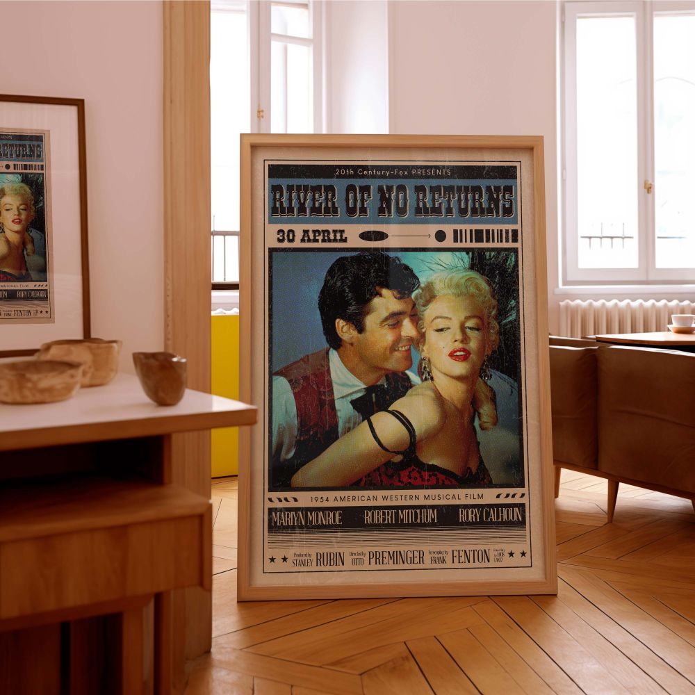 Bold Marilyn Monroe vintage wall decor print inspired by River of No Return pairing glamorous film photography with stylized fonts to create a statement piece for film buffs collectors and those who adore retro art aesthetics from the golden age of cinema