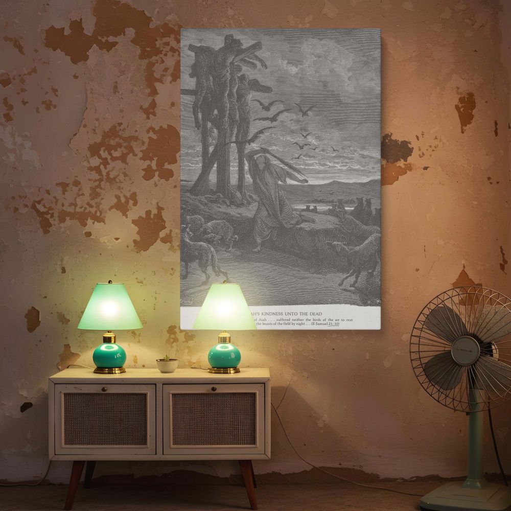 This monochrome canvas wall print captures Rizpah standing alone beneath crucified bodies as birds fly above in Gustave Dore's dramatic engraving. Her figure, surrounded by dark creatures and fading light, becomes a powerful symbol of maternal love and de
