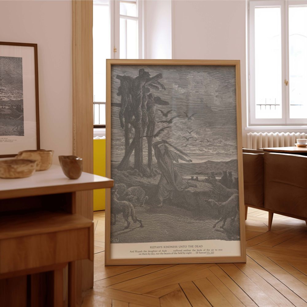 Emotional canvas wall art depicting Gustave Dore's biblical engraving of Rizpah mourning her crucified sons, with haunting imagery of birds in flight and dogs approaching. The grayscale style enhances the emotional tension and religious symbolism of the s
