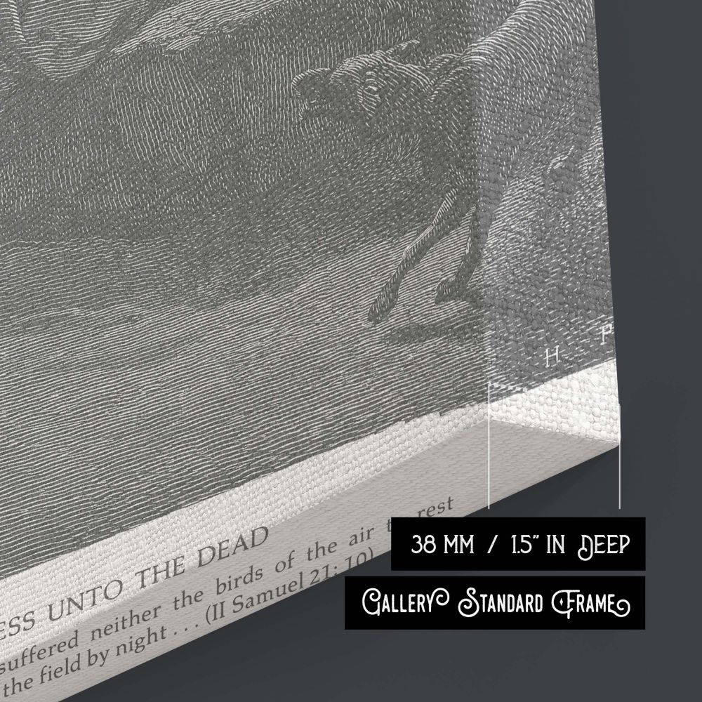 Rizpah stands defiantly beneath her sons' crucified forms in this black and white canvas print of Gustave Dore's engraving. The night sky swirls with birds and the terrain is shadowed by sorrow. Dore's meticulous linework reveals the full weight of grief 