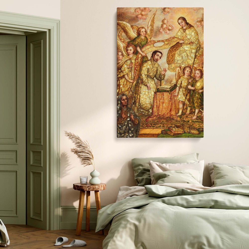 High-quality Catholic artwork of Saint Ildephonsus receiving a divine chasuble from the Virgin Mary, professionally printed on premium fade-resistant canvas, perfect for sacred spaces, religious offices, or prayer rooms seeking inspirational decor.