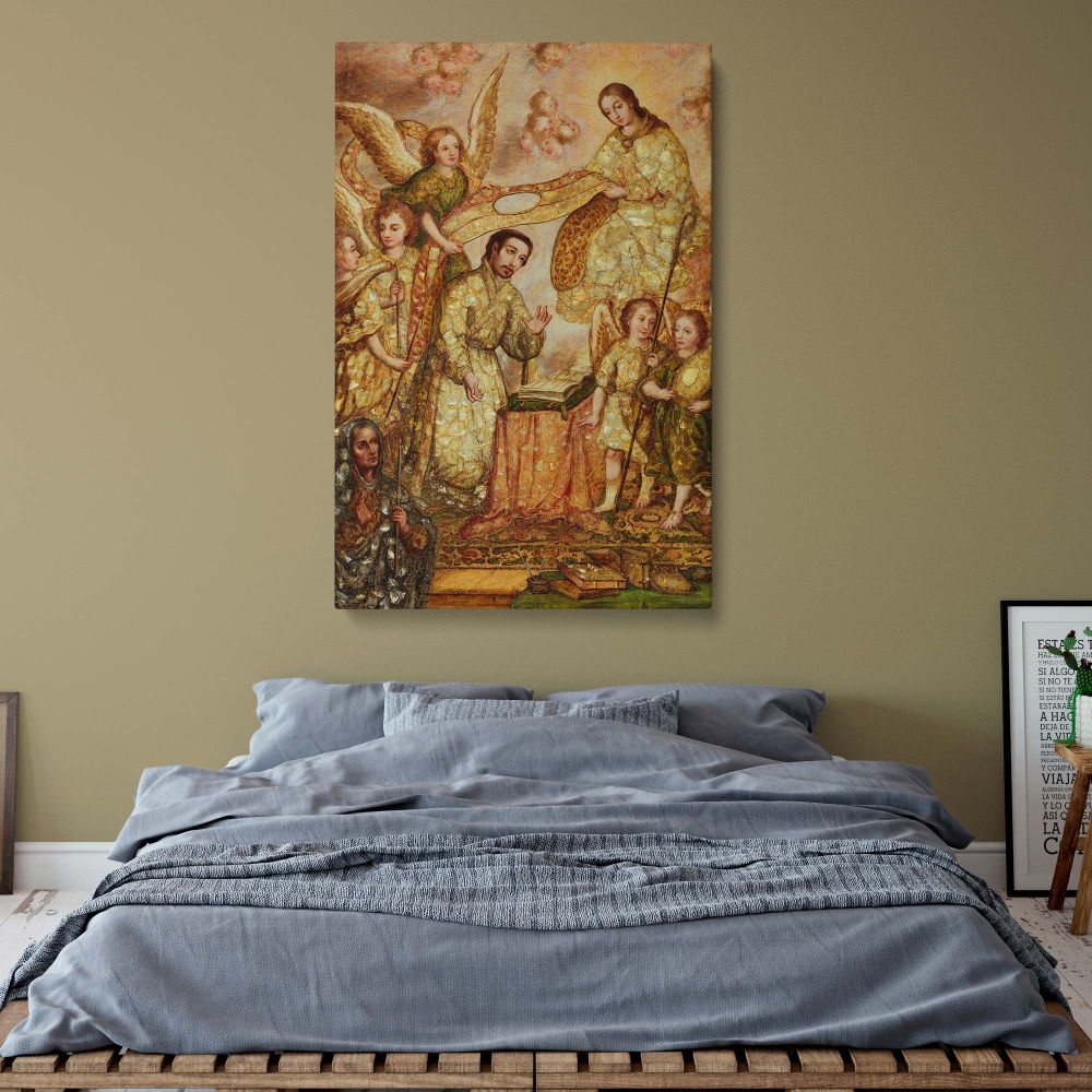 Sacred Catholic artwork canvas print featuring Saint Ildephonsus in a celestial vision with the Virgin Mary and angels, a meaningful religious wall art piece for homes, churches, monasteries, or as a devotional Christian gift.