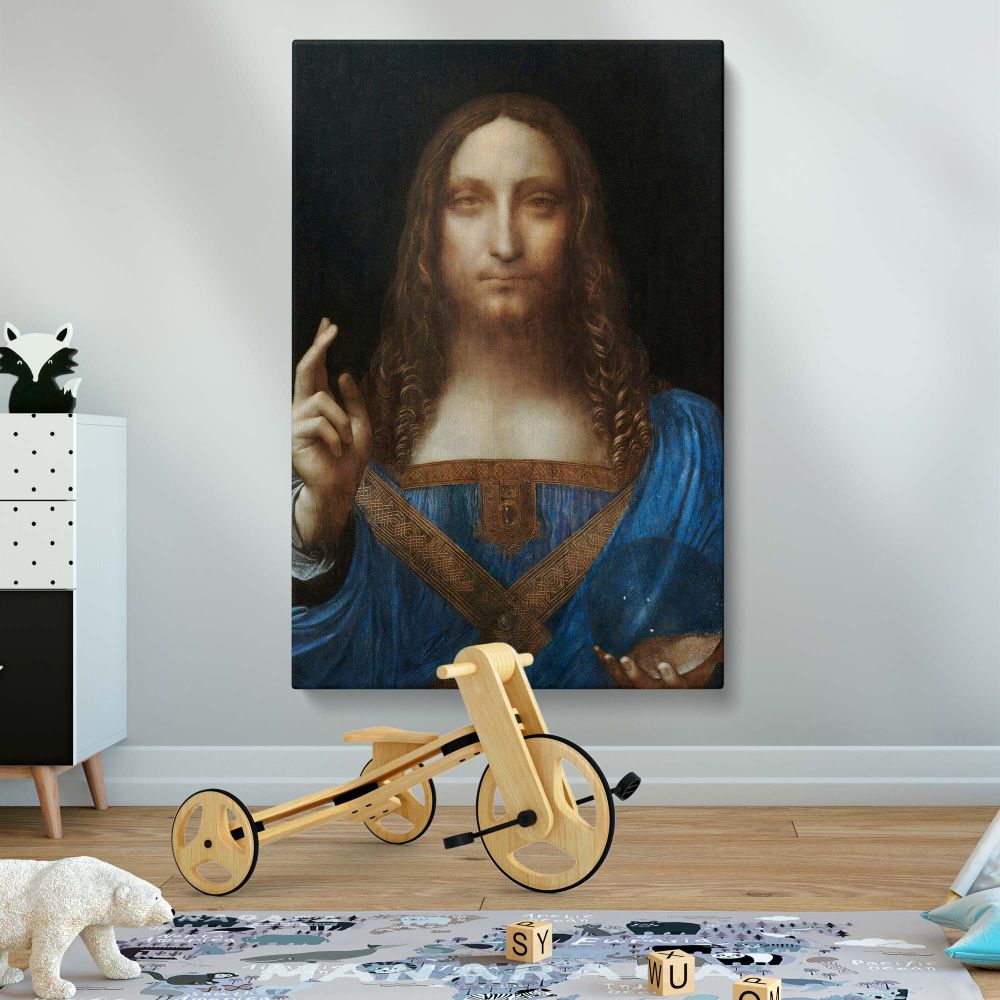 Leonardo da Vinci's Salvator Mundi framed canvas print, a high-quality reproduction of the Renaissance painting depicting Christ as the Savior of the World, a timeless Christian religious artwork for sacred spaces, offices, or art collectors.