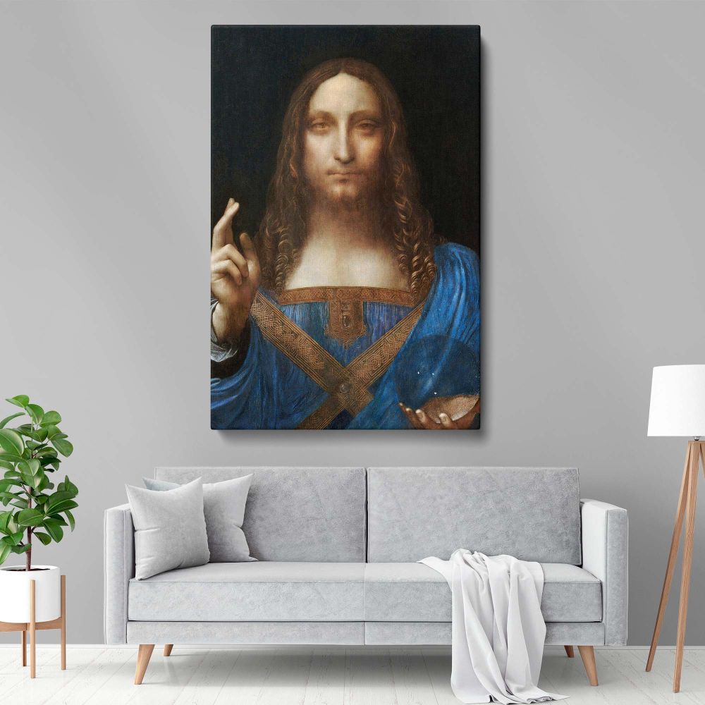 High-quality framed print of Leonardo da Vinci's Salvator Mundi, a timeless biblical masterpiece portraying Jesus Christ with a serene expression, perfect for Renaissance art lovers, sacred home decor, or prayer room wall art.