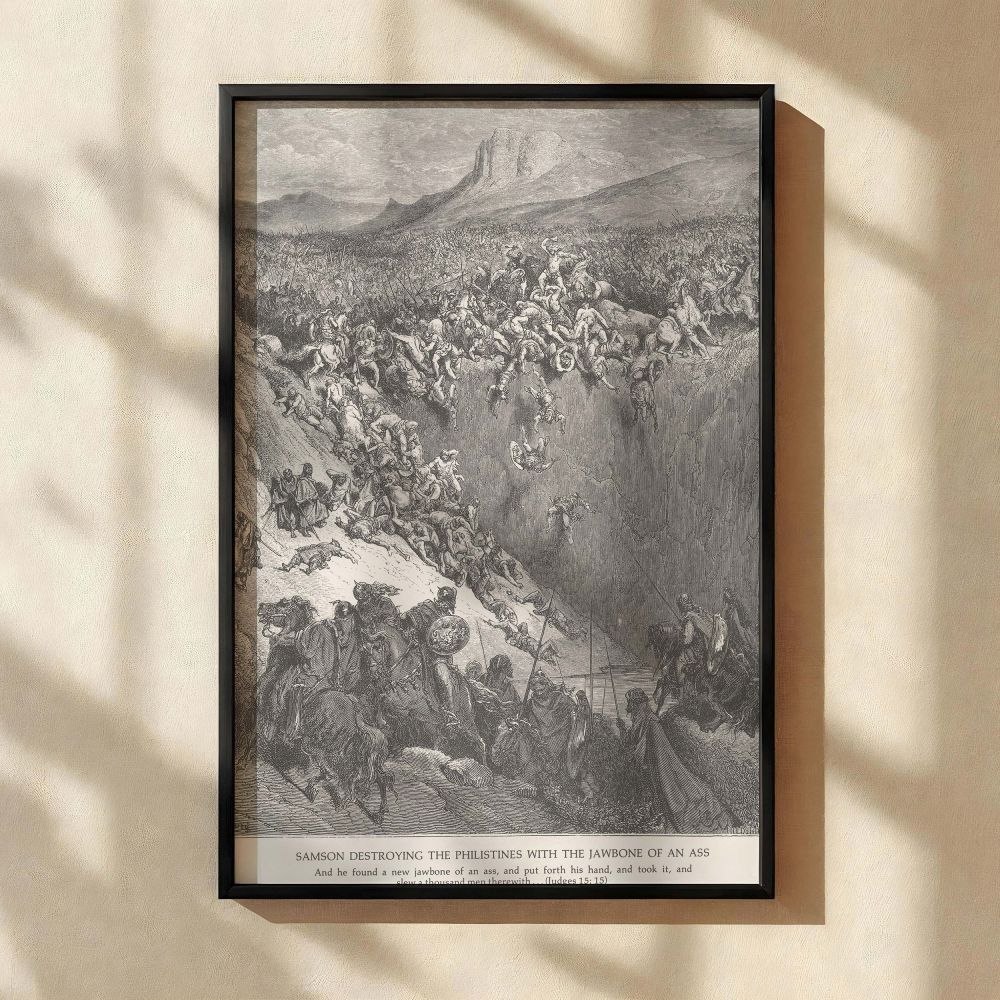 Gustave Dore's dramatic interpretation of Samson's biblical battle against the Philistines rendered in a monochrome style, filled with motion and expressive figures, perfect as a wall canvas for historical art lovers and spiritual decor enthusiasts seekin