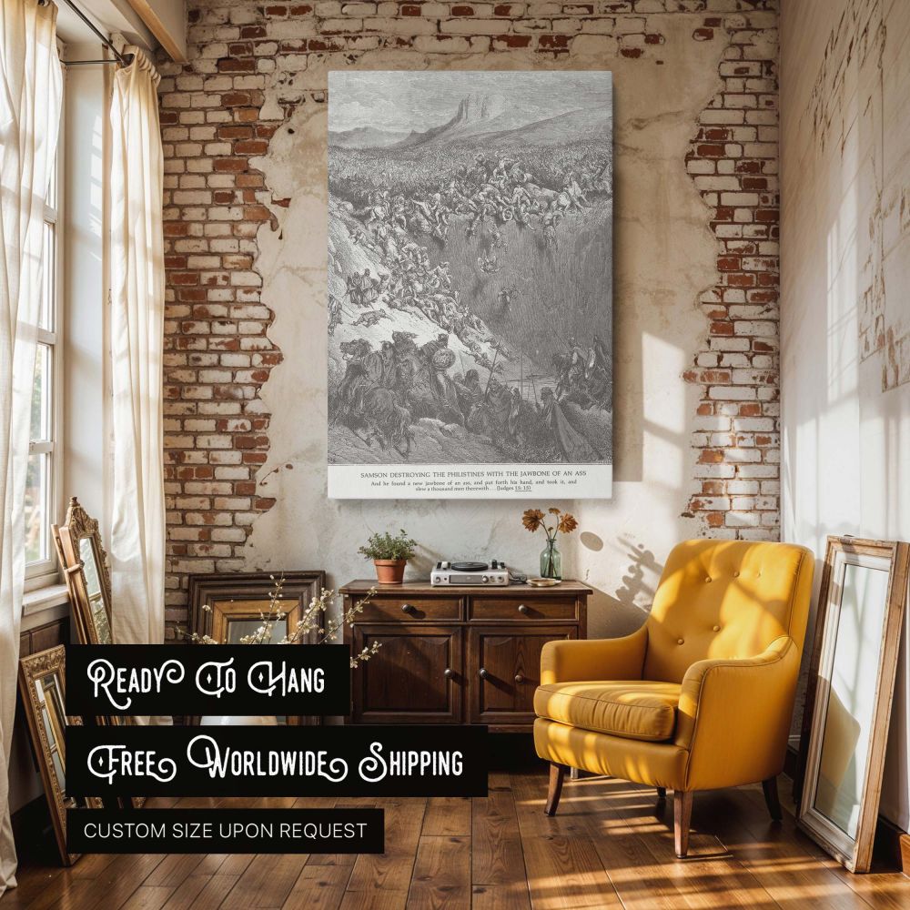 Highly detailed 19th-century engraving by Gustave Dore showing Samson in battle using an animal jawbone, amidst a cascade of soldiers falling in terror, this grayscale wall canvas is suited for libraries, offices, or sacred spaces that celebrate biblical 
