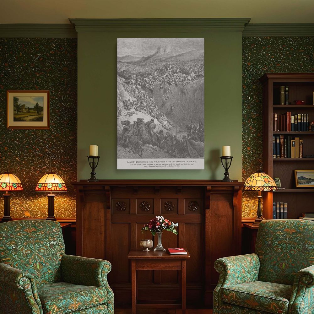 A powerful biblical scene from the Book of Judges as envisioned by Gustave Dore, featuring Samson's triumph over the Philistines with an ass's jawbone in hand, this classical black and white canvas art adds dramatic depth and religious context to any home