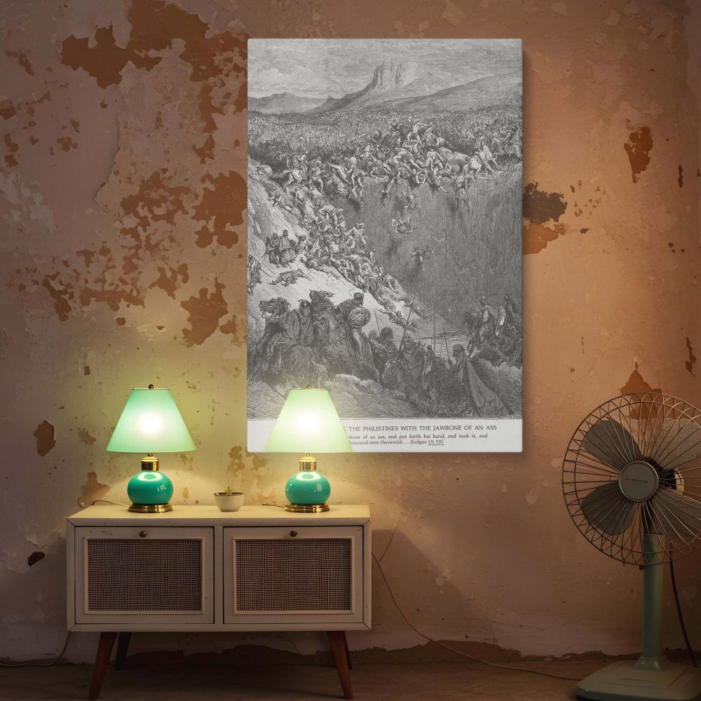 An intense visual retelling of Samson's jawbone battle by Gustave Dore, this vintage illustration has sharp detail, heavy shading, and emotional movement that captivates viewers, making it an excellent addition to classic religious wall canvas collections