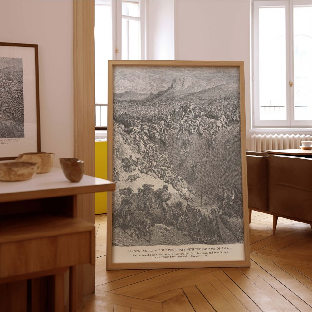 Classic biblical engraving from the 19th century depicting Samson with a raised jawbone, surrounded by chaos as Philistines fall to their defeat, this monochrome wall canvas brings historical narrative and classical artistry into home or office decor.