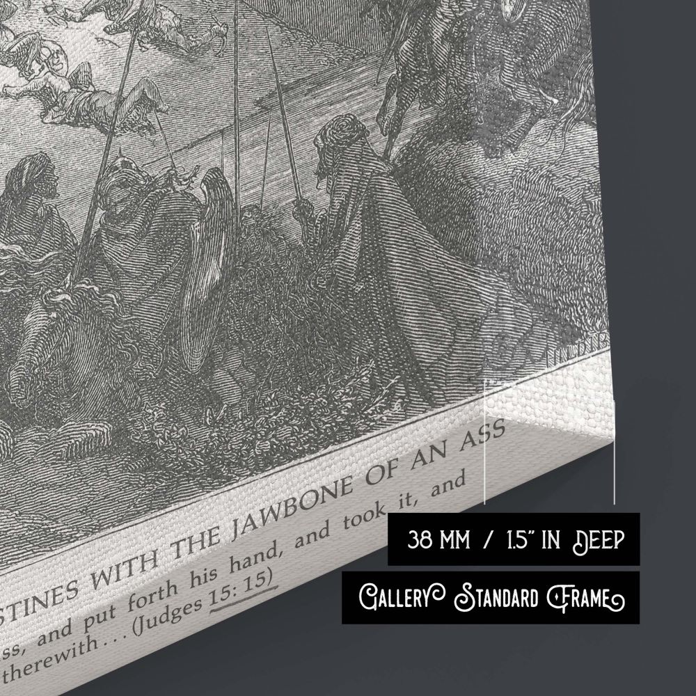 Richly illustrated biblical combat artwork by Gustave Dore showing Samson's legendary strength in action, this canvas showcases a wide, dramatic landscape filled with motion, shadow, and storytelling perfect for vintage religious artwork collections.