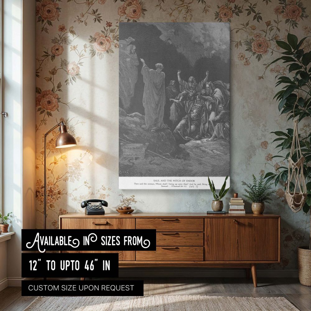Grayscale canvas wall art showing Gustave Dore's biblical engraving of Saul and the Witch of Endor. The image depicts the ghostly spirit of Samuel appearing above Saul and the gathered figures. Shadows surround the cave as Saul collapses in fear and the w